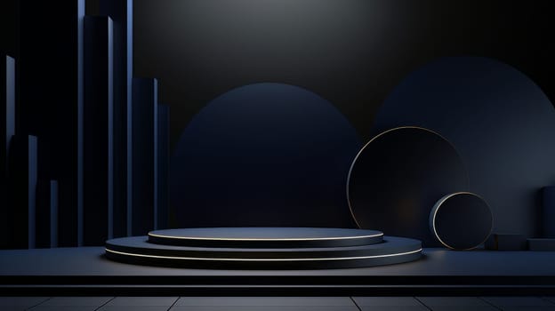 Dark blue futuristic 3D Elegant Podium Stage. Abstract geometric minimalist 3D scene with podium, copy space or space for product presentation. generative AI.