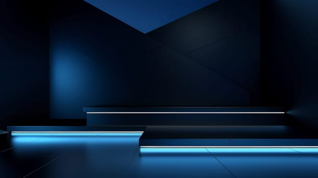 Dark blue futuristic 3D Elegant Podium Stage. Abstract geometric minimalist 3D scene with podium, copy space or space for product presentation. generative AI.