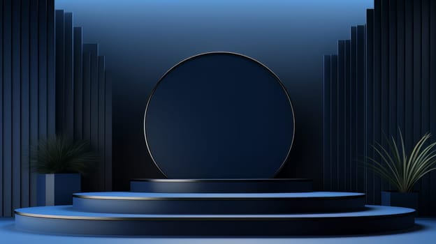 Dark blue futuristic 3D Elegant Podium Stage. Abstract geometric minimalist 3D scene with podium, copy space or space for product presentation. generative AI.