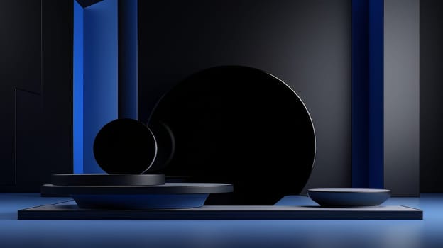 Dark blue futuristic 3D Elegant Podium Stage. Abstract geometric minimalist 3D scene with podium, copy space or space for product presentation. generative AI.