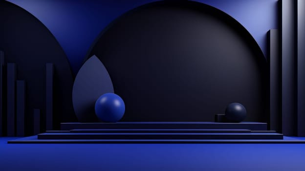 Dark blue futuristic 3D Elegant Podium Stage. Abstract geometric minimalist 3D scene with podium, copy space or space for product presentation. generative AI.