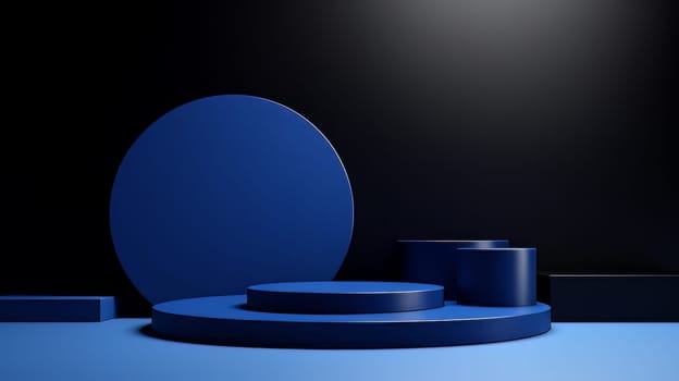 Dark blue futuristic 3D Elegant Podium Stage. Abstract geometric minimalist 3D scene with podium, copy space or space for product presentation. generative AI.