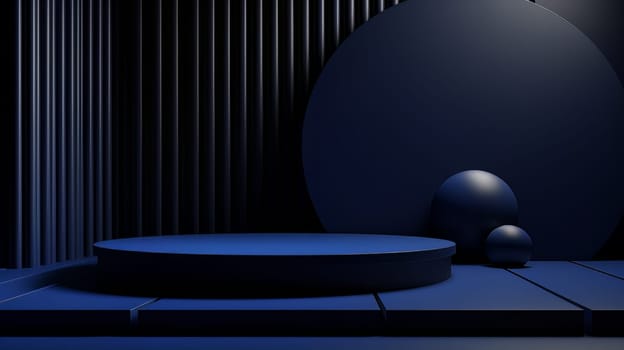 Dark blue futuristic 3D Elegant Podium Stage. Abstract geometric minimalist 3D scene with podium, copy space or space for product presentation. generative AI.