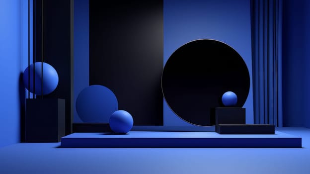 Dark blue futuristic 3D Elegant Podium Stage. Abstract geometric minimalist 3D scene with podium, copy space or space for product presentation. generative AI.