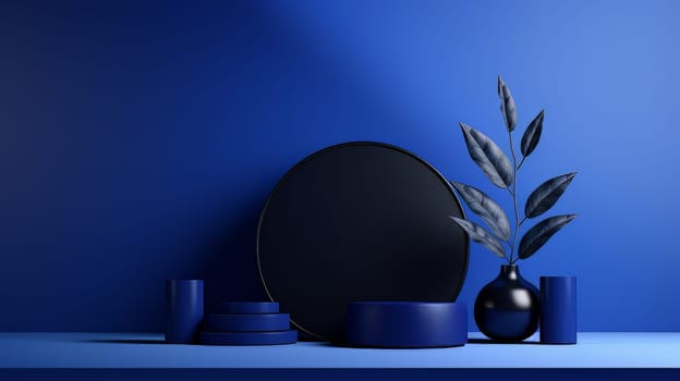 Dark blue futuristic 3D Elegant Podium Stage. Abstract geometric minimalist 3D scene with podium, copy space or space for product presentation. generative AI.