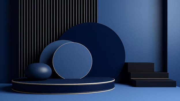 Dark blue futuristic 3D Elegant Podium Stage. Abstract geometric minimalist 3D scene with podium, copy space or space for product presentation. generative AI.