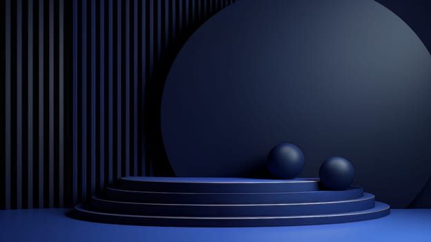 Dark blue futuristic 3D Elegant Podium Stage. Abstract geometric minimalist 3D scene with podium, copy space or space for product presentation. generative AI.