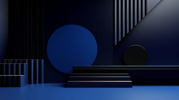 Dark blue futuristic 3D Elegant Podium Stage. Abstract geometric minimalist 3D scene with podium, copy space or space for product presentation. generative AI.