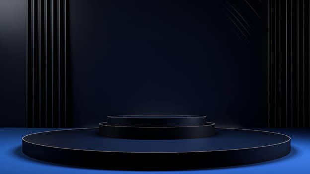 Dark blue futuristic 3D Elegant Podium Stage. Abstract geometric minimalist 3D scene with podium, copy space or space for product presentation. generative AI.