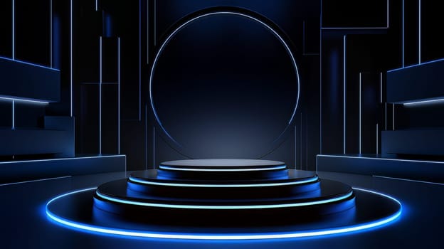 Dark blue futuristic 3D Elegant Podium Stage. Abstract geometric minimalist 3D scene with podium, copy space or space for product presentation. generative AI.