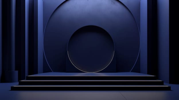 Dark blue futuristic 3D Elegant Podium Stage. Abstract geometric minimalist 3D scene with podium, copy space or space for product presentation. generative AI.