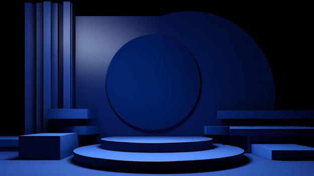 Dark blue futuristic 3D Elegant Podium Stage. Abstract geometric minimalist 3D scene with podium, copy space or space for product presentation. generative AI.