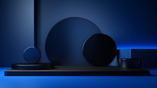 Dark blue futuristic 3D Elegant Podium Stage. Abstract geometric minimalist 3D scene with podium, copy space or space for product presentation. generative AI.