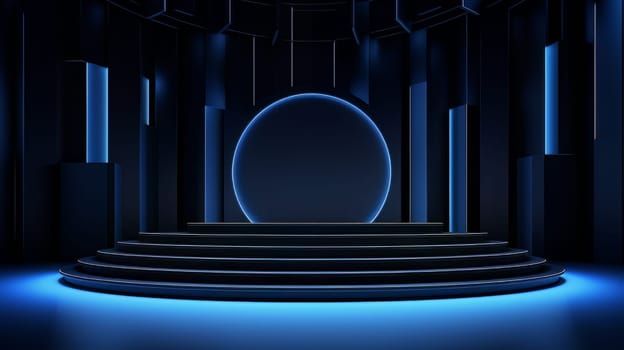 Dark blue futuristic 3D Elegant Podium Stage. Abstract geometric minimalist 3D scene with podium, copy space or space for product presentation. generative AI.