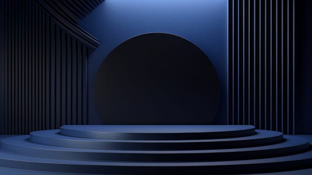 Dark blue futuristic 3D Elegant Podium Stage. Abstract geometric minimalist 3D scene with podium, copy space or space for product presentation. generative AI.