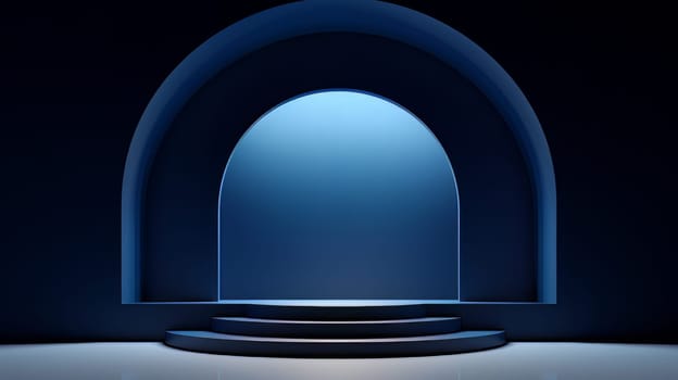 Dark blue futuristic 3D Elegant Podium Stage. Abstract geometric minimalist 3D scene with podium, copy space or space for product presentation. generative AI.