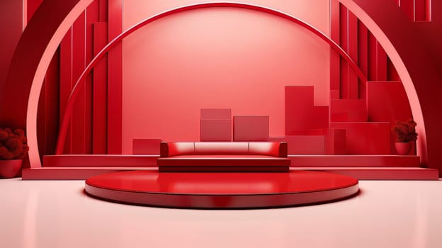 Red futuristic 3D Elegant Podium Stage. Abstract geometric minimalist 3D scene with podium, copy space or space for product presentation. generative AI.