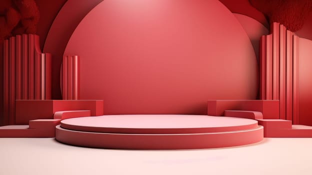 Red futuristic 3D Elegant Podium Stage. Abstract geometric minimalist 3D scene with podium, copy space or space for product presentation. generative AI.