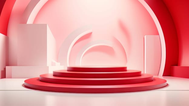 Red and white futuristic 3D Elegant Podium Stage. Abstract geometric minimalist 3D scene with podium, copy space or space for product presentation. generative AI.