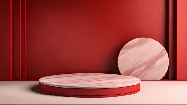 Red and white futuristic 3D Elegant Podium Stage. Abstract geometric minimalist 3D scene with podium, copy space or space for product presentation. generative AI.