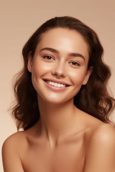 Portrait of smiling woman enjoying beauty treatment on beige background. AI Generated