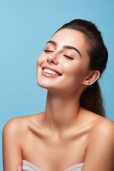 Portrait of smiling woman enjoying beauty treatment on blue background. AI Generated