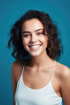 Portrait of smiling woman enjoying beauty treatment on blue background. AI Generated