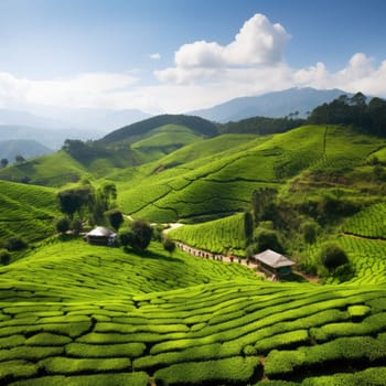 Green tea plantation at sunrise time,nature background. Aerial view. AI Generated