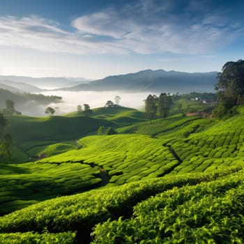 Green tea plantation at sunrise time,nature background. Aerial view. AI Generated