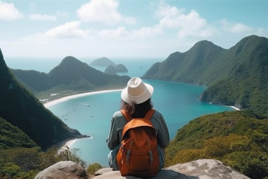Woman traveler hiking in mountains with backpack, looking at view. Back view. AI Generated