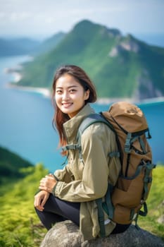 Woman traveler hiking in mountains with backpack, looking at view. Back view. AI Generated