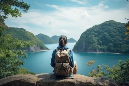 Woman traveler hiking in mountains with backpack, looking at view. Back view. AI Generated