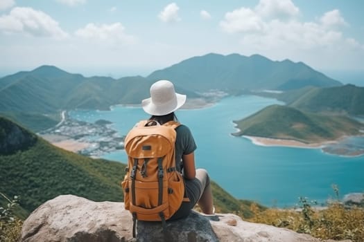 Woman traveler hiking in mountains with backpack, looking at view. Back view. AI Generated