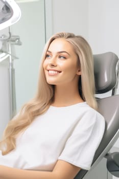 European young woman smiling happily while sitting in medical chair at dental clinic. AI Generated