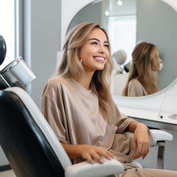 European young woman smiling happily while sitting in medical chair at dental clinic. AI Generated