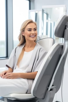 European young woman smiling happily while sitting in medical chair at dental clinic. AI Generated