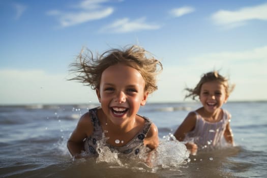 Vacation. A Cute diverse boy and little girl running and splashing together in the ocean. AI Generated