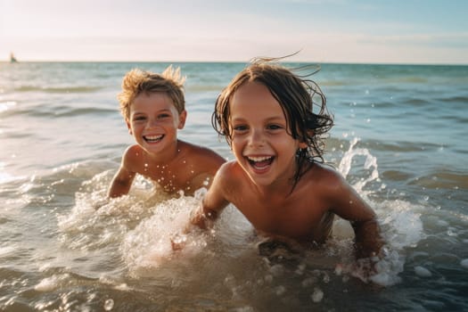 Vacation. A Cute diverse boy and little girl running and splashing together in the ocean. AI Generated