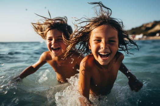 Vacation. A Cute diverse boy and little girl running and splashing together in the ocean. AI Generated