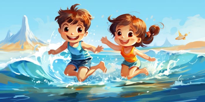 Vacation. A Cute diverse boy and little girl running and splashing together in the ocean. AI Generated