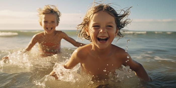 Vacation. A Cute diverse boy and little girl running and splashing together in the ocean. AI Generated