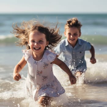 Vacation. A Cute diverse boy and little girl running and splashing together in the ocean. AI Generated