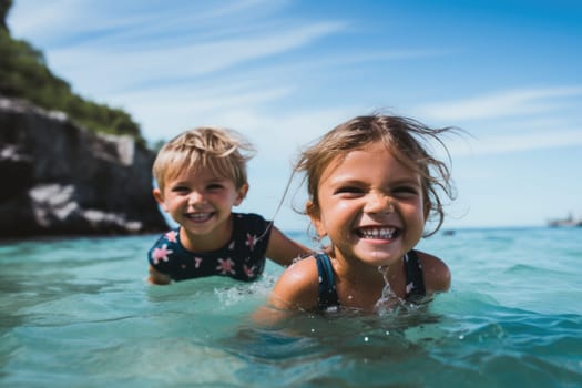 Vacation. A Cute diverse boy and little girl running and splashing together in the ocean. AI Generated