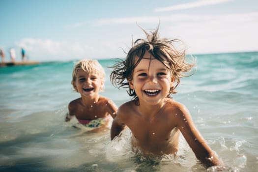 Vacation. A Cute diverse boy and little girl running and splashing together in the ocean. AI Generated