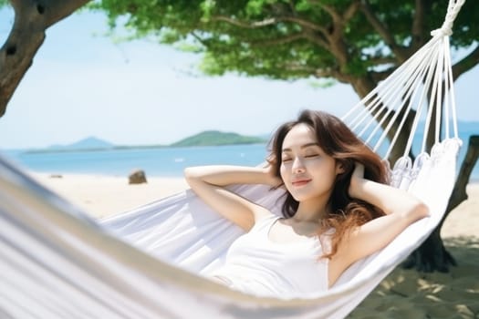 Woman having rest in colorful hammock in tropical garden while relaxing in vacation. AI Generated