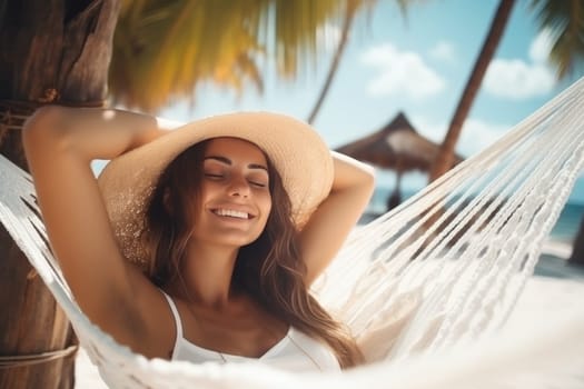 Woman having rest in colorful hammock in tropical garden while relaxing in vacation. AI Generated