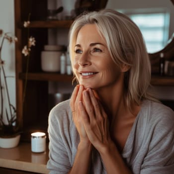 Attractive older adult blonde woman applying nourishing face skin care cream treatment, doing daily morning beauty routine. AI Generated