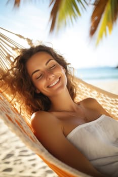 Woman having rest in colorful hammock in tropical garden while relaxing in vacation. AI Generated