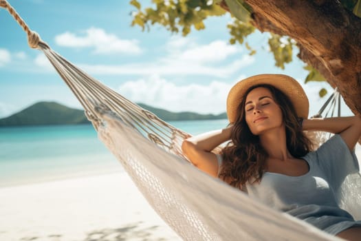 Woman having rest in colorful hammock in tropical garden while relaxing in vacation. AI Generated