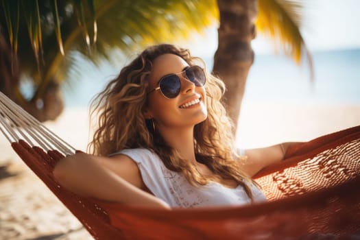 Woman having rest in colorful hammock in tropical garden while relaxing in vacation. AI Generated